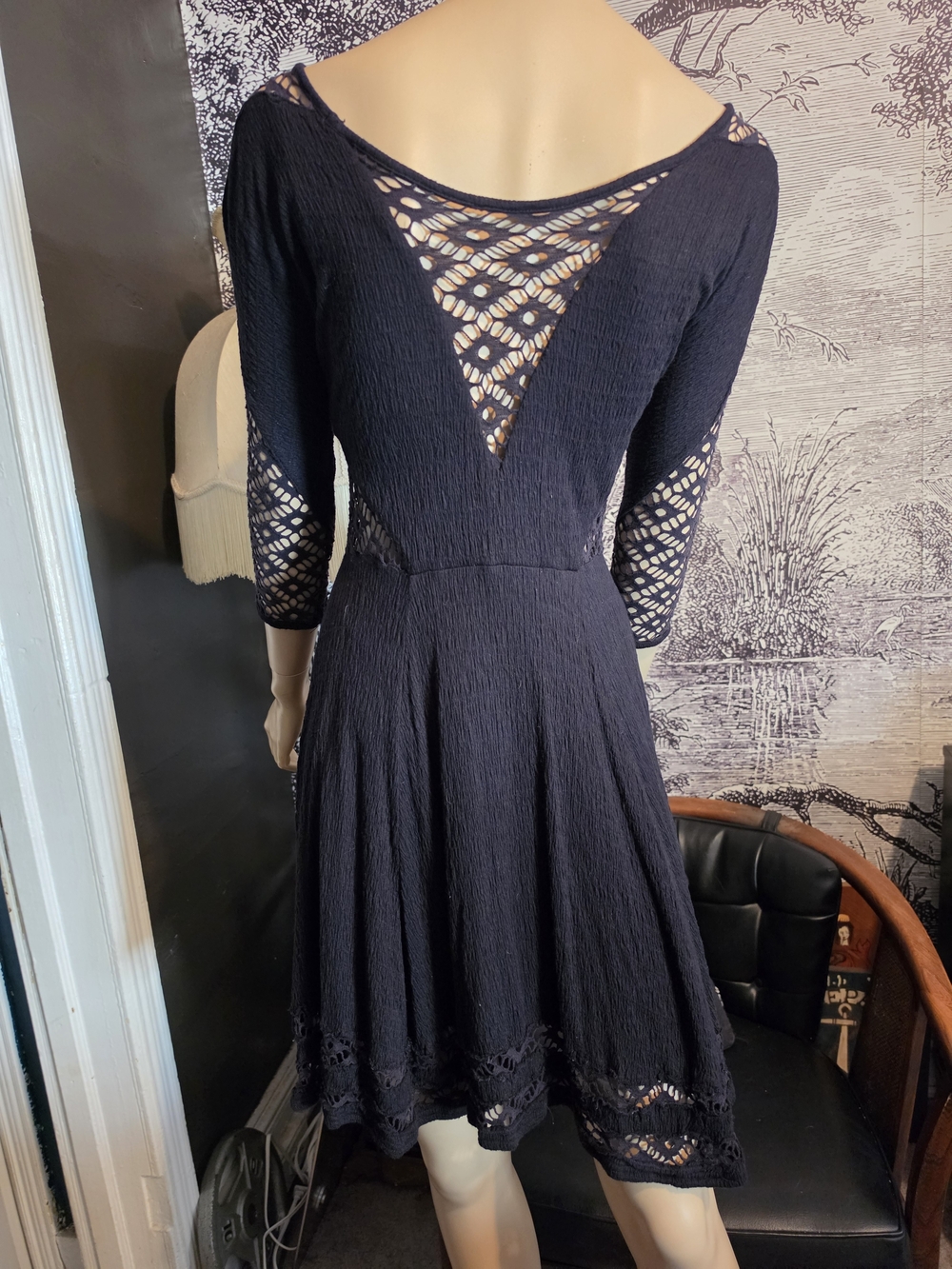Free People To The Point Black Lace Inset Fit Flare Mini Dress XS - Picture 4 of 7